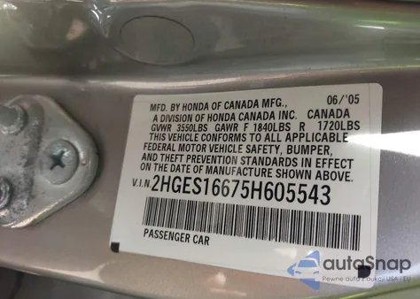 2005 Honda Civic Lx z USA, uszkodzony, nr VIN 2HGES16675H605543